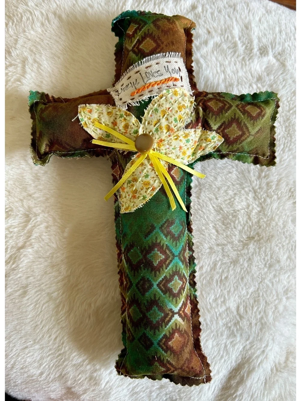 Handcrafted Decorative Fabric Cross with Floral Accent and 'Jesus Loves You' Tag